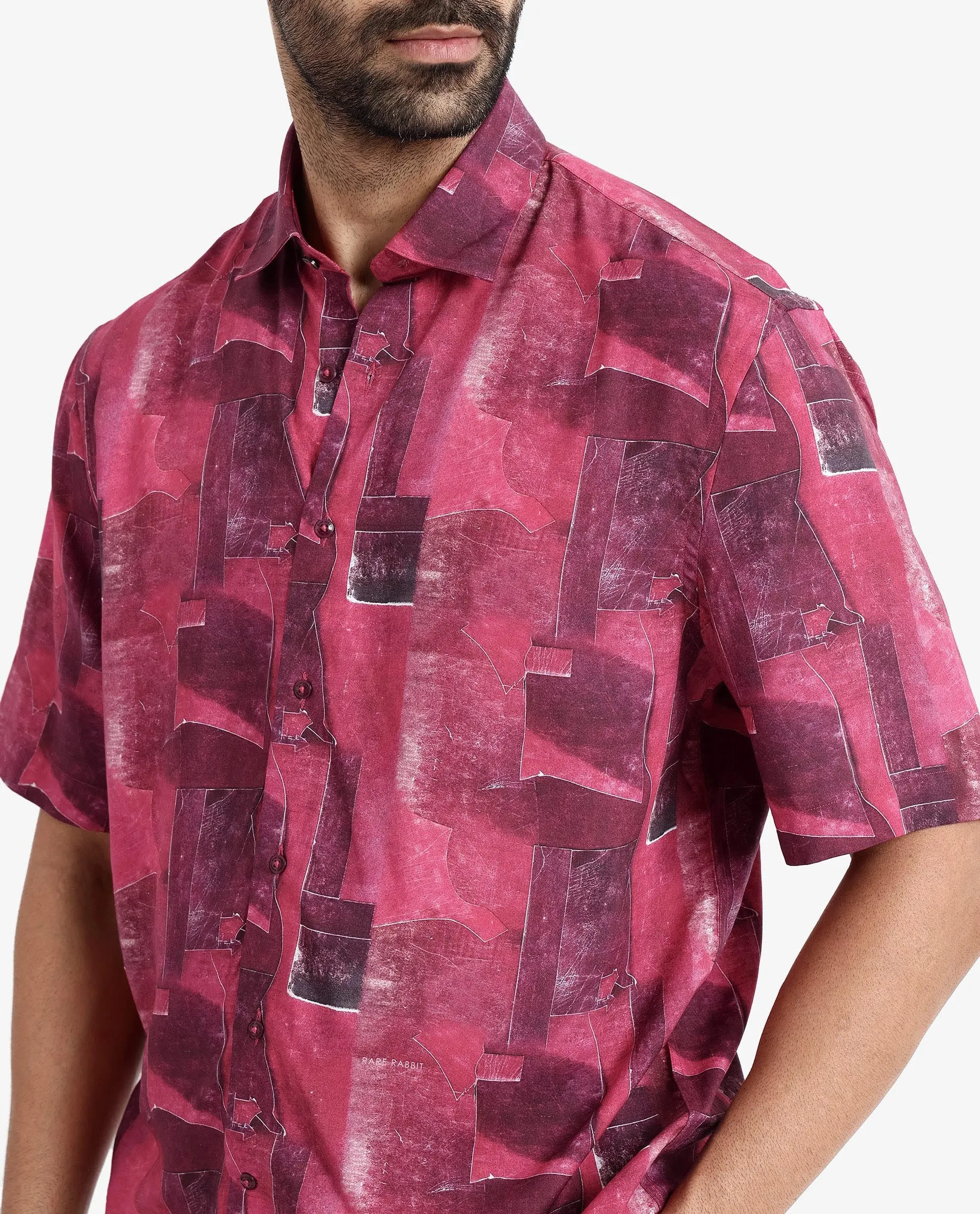 Rare Rabbit Men's Sheat Maroon Viscose Fabric Short Sleeve Regular Fit Abstract Print Shirt