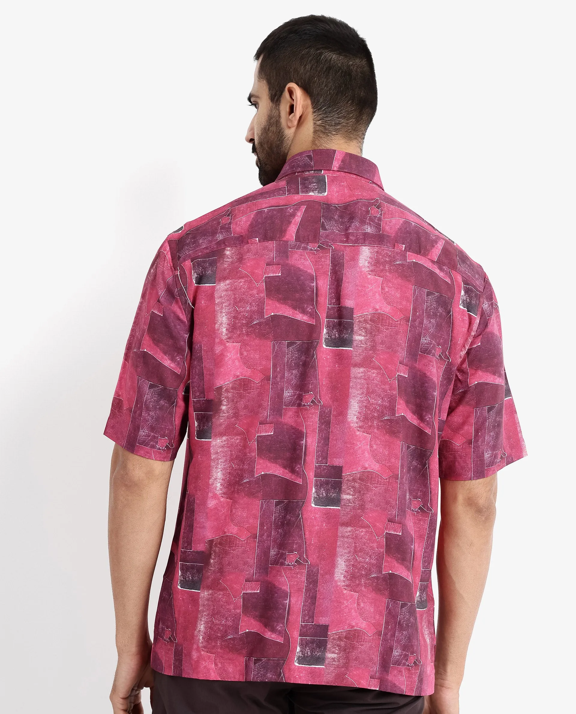 Rare Rabbit Men's Sheat Maroon Viscose Fabric Short Sleeve Regular Fit Abstract Print Shirt