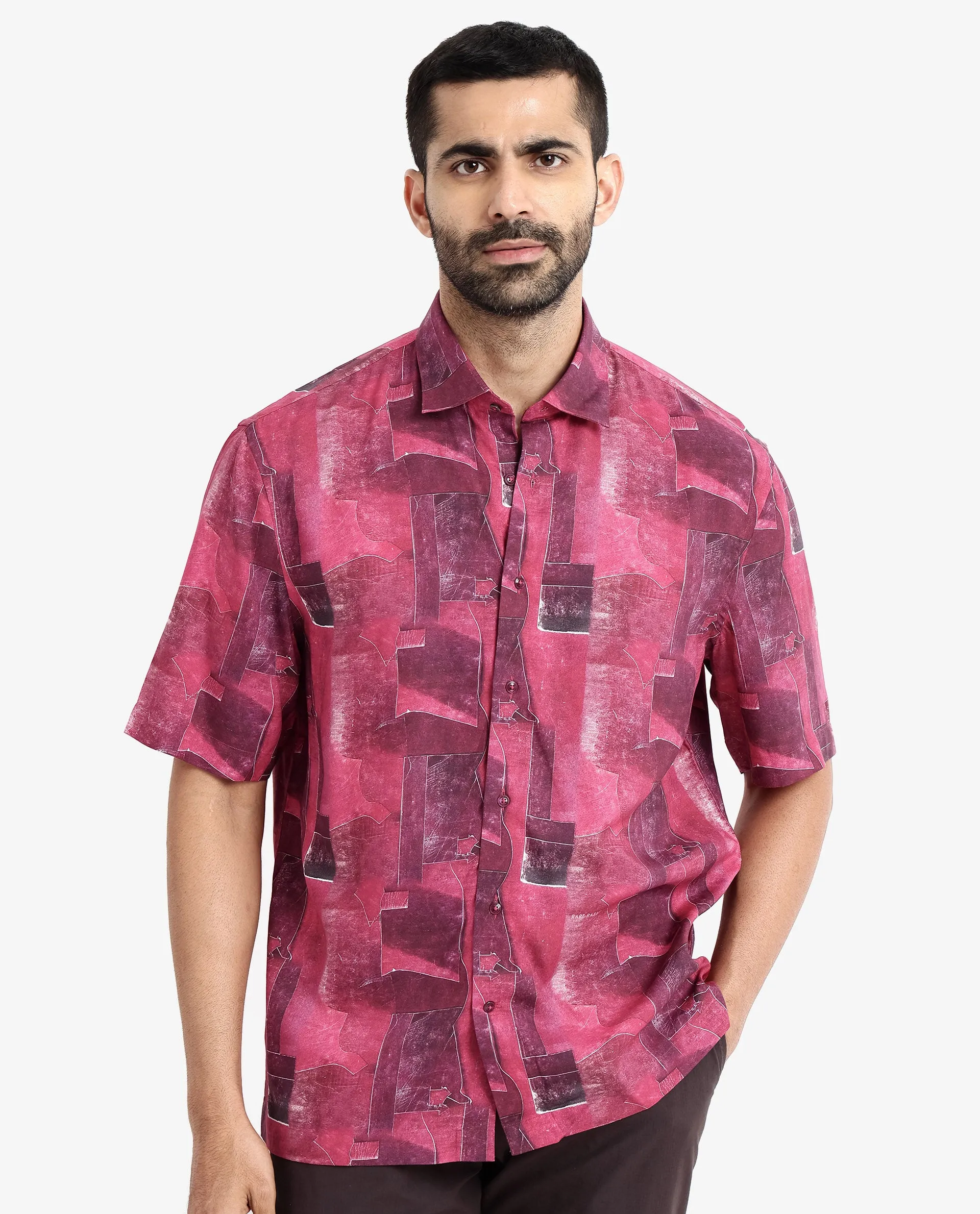 Rare Rabbit Men's Sheat Maroon Viscose Fabric Short Sleeve Regular Fit Abstract Print Shirt