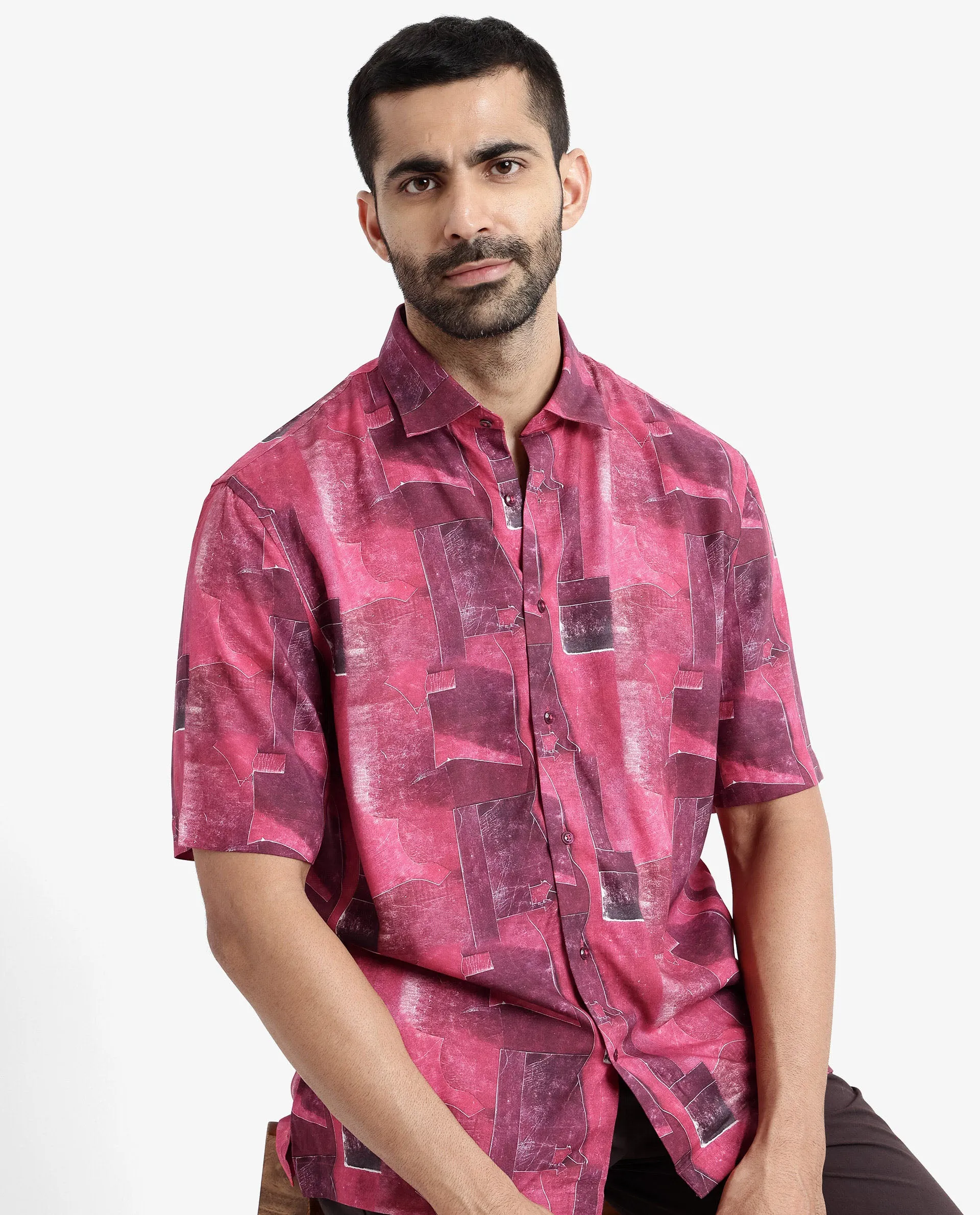 Rare Rabbit Men's Sheat Maroon Viscose Fabric Short Sleeve Regular Fit Abstract Print Shirt