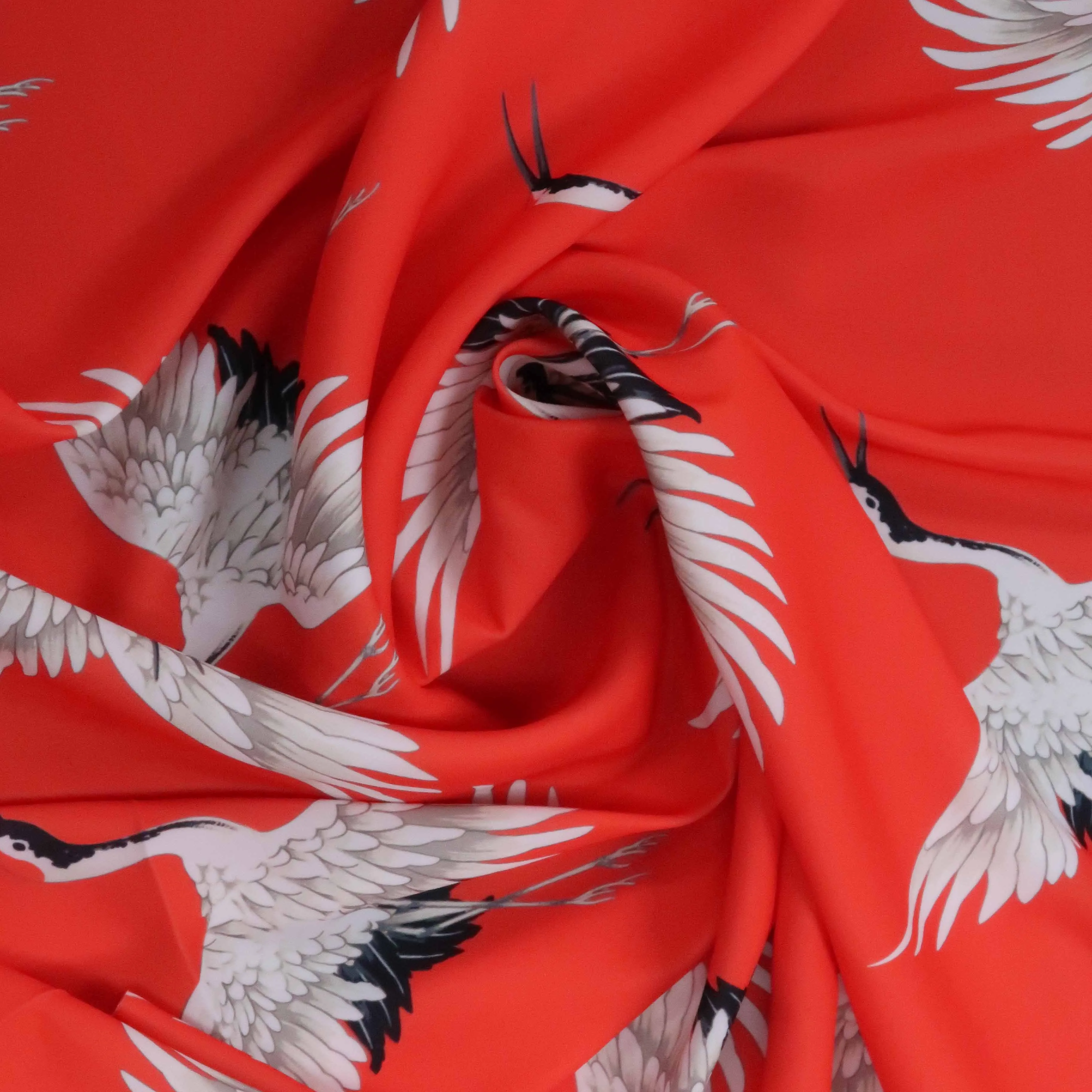 Red and White Birds Crepe Printed Polyester