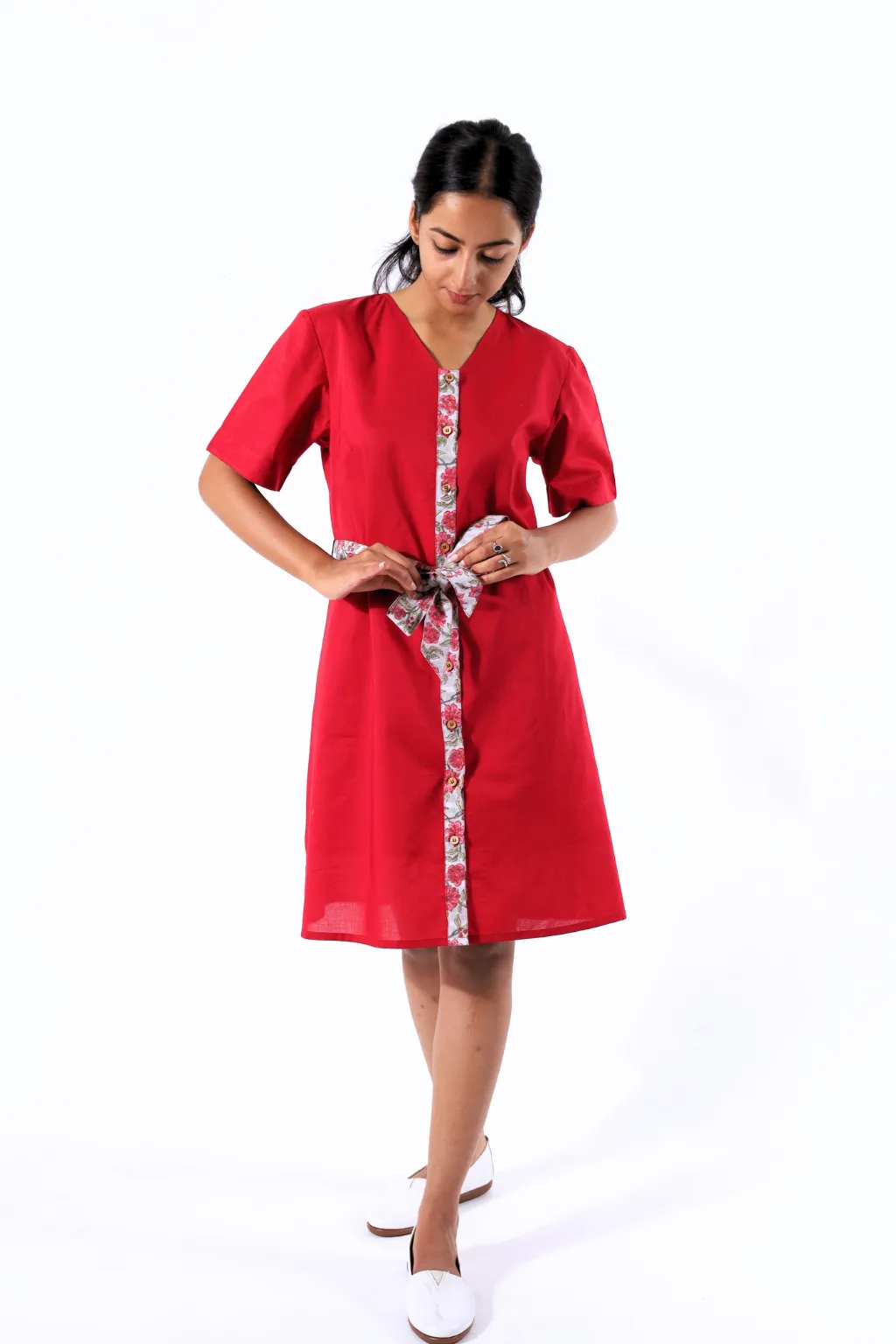 Red Color Front Button Block Printed A-Line Dress