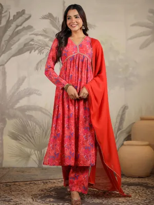 Red Georgette Floral Printed A-Line Kurta Set  - By Janasya