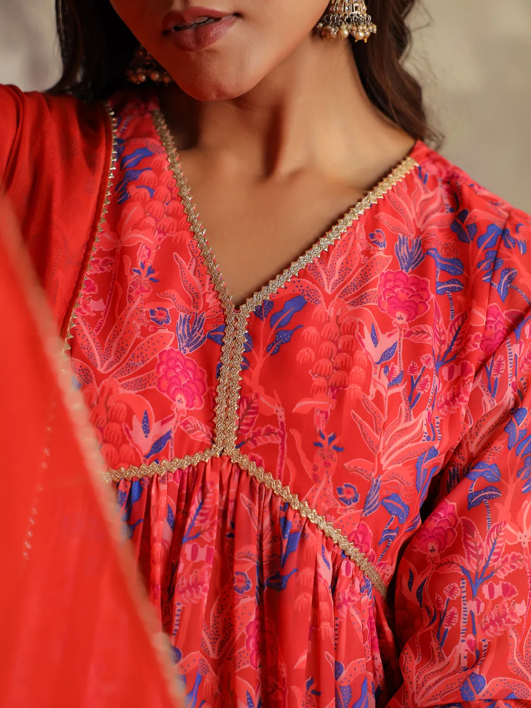 Red Georgette Floral Printed A-Line Kurta Set  - By Janasya