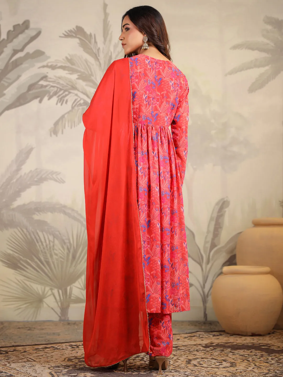 Red Georgette Floral Printed A-Line Kurta Set  - By Janasya