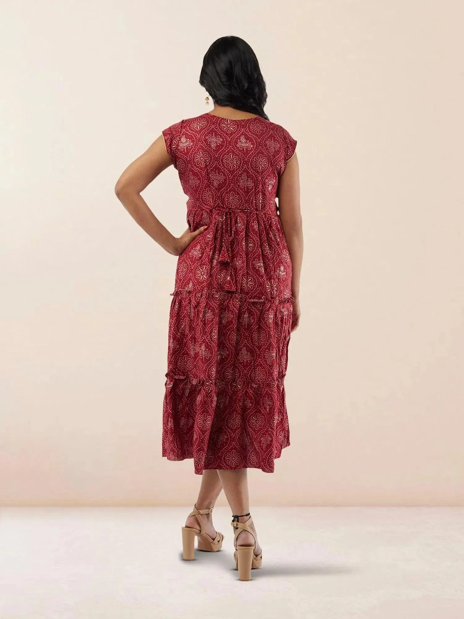 Red Printed Rayon Knee Length Tiered Dress | Indo Western Dress