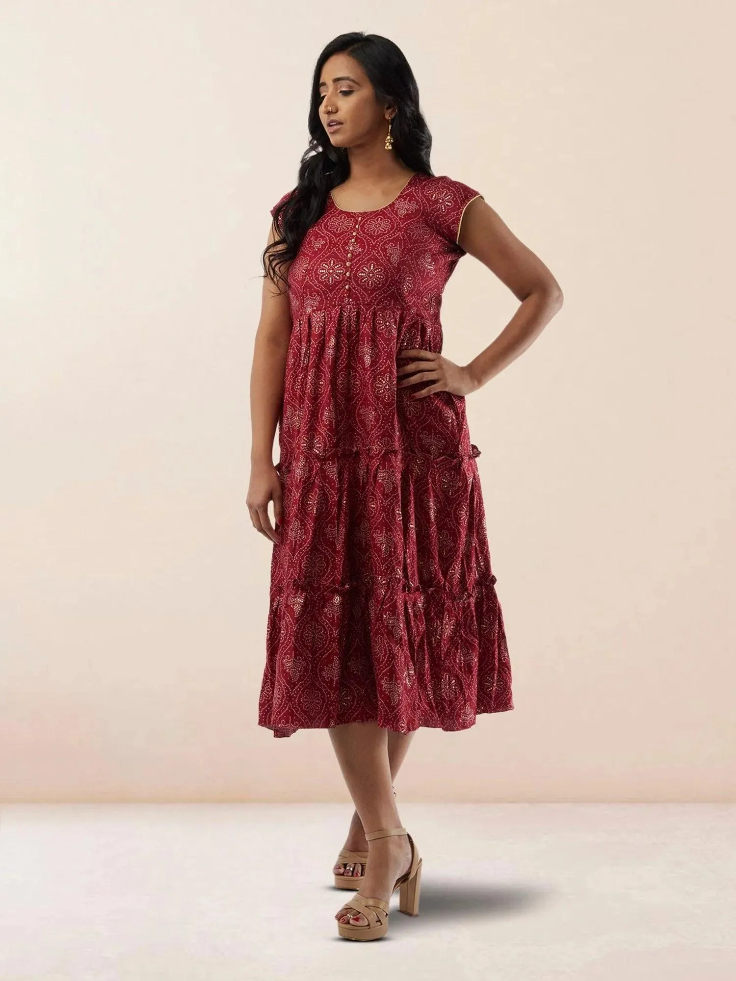 Red Printed Rayon Knee Length Tiered Dress | Indo Western Dress