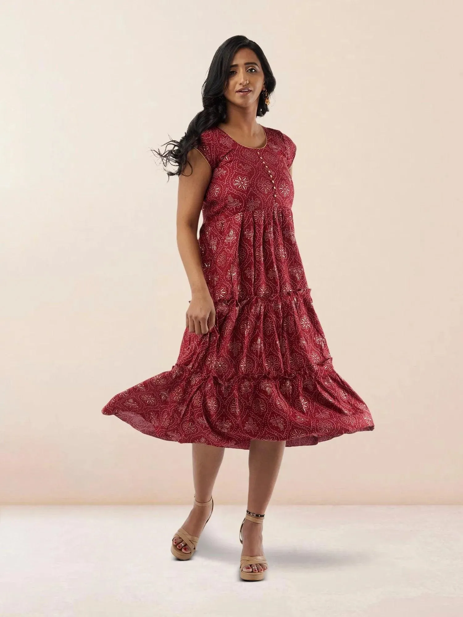 Red Printed Rayon Knee Length Tiered Dress | Indo Western Dress