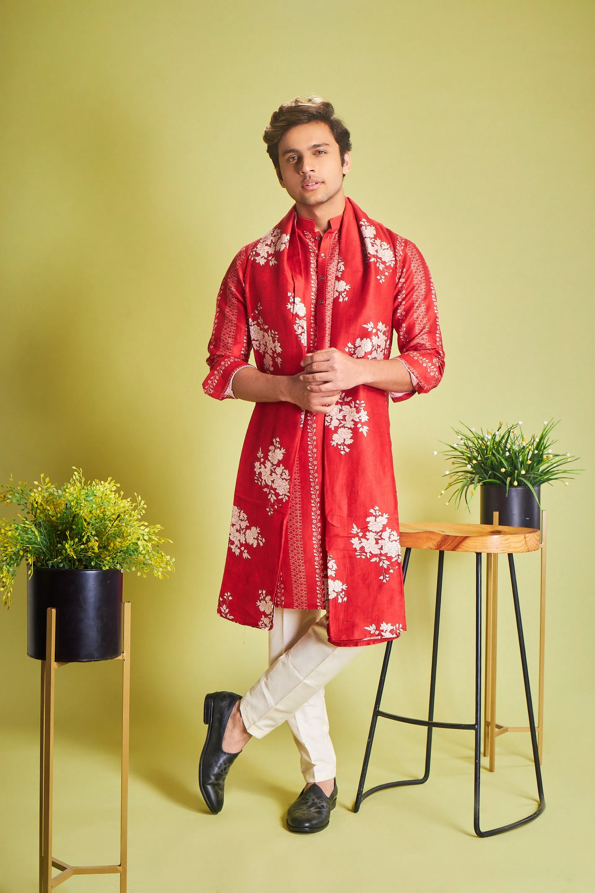 Red Silk Kurta With Geometric & Floral Print