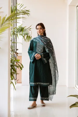 Schiffli Green Floral Embroidered  Kurta Set with Art Silk Printed Scalloped Dupatta