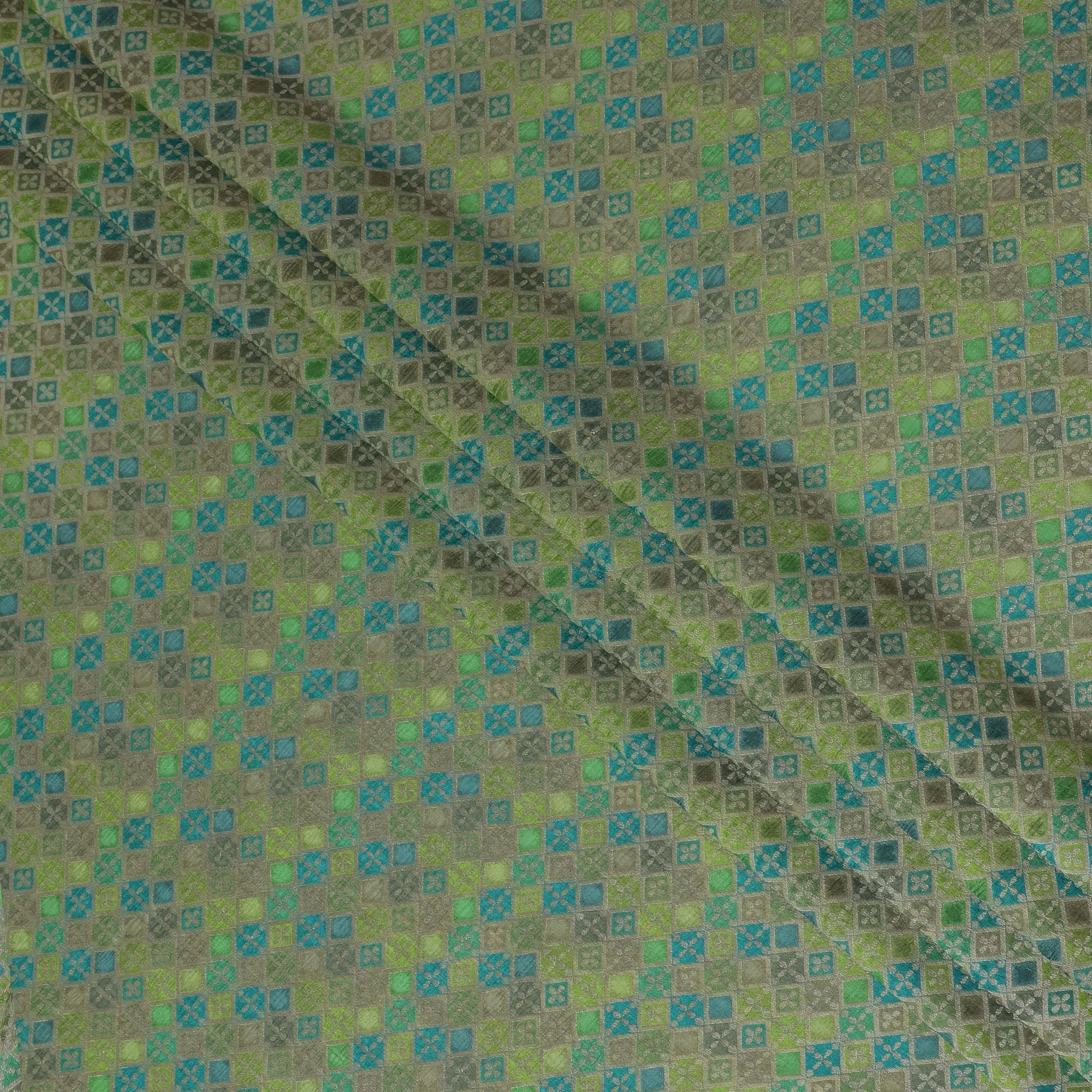 Silk Brocade Fabric with Green, Blue, and Gold Geometric Design, 110 cm Width, Indian Origin-D19757