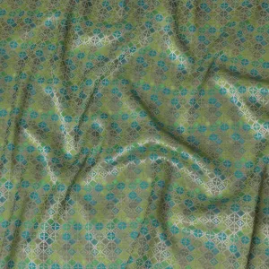 Silk Brocade Fabric with Green, Blue, and Gold Geometric Design, 110 cm Width, Indian Origin-D19757