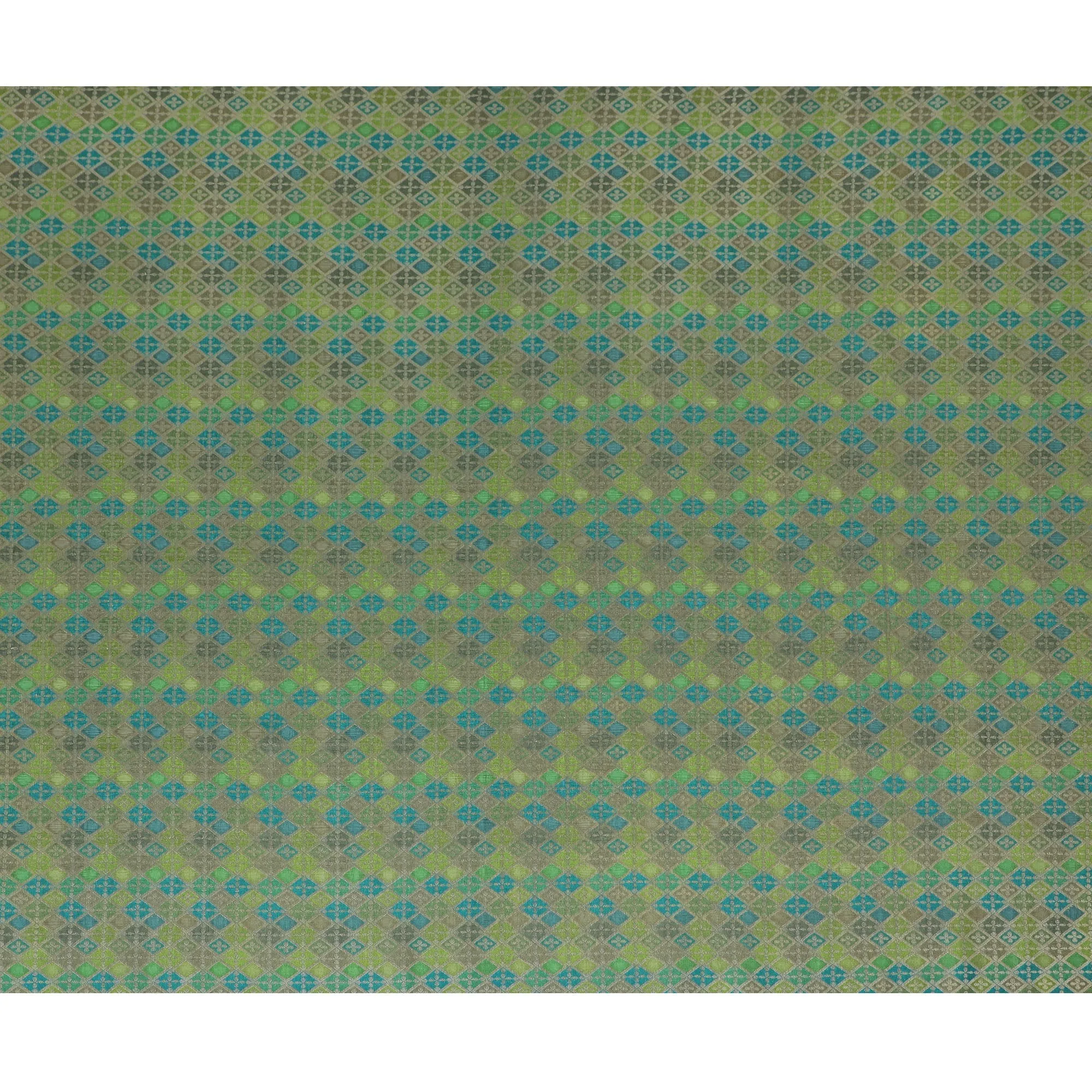 Silk Brocade Fabric with Green, Blue, and Gold Geometric Design, 110 cm Width, Indian Origin-D19757