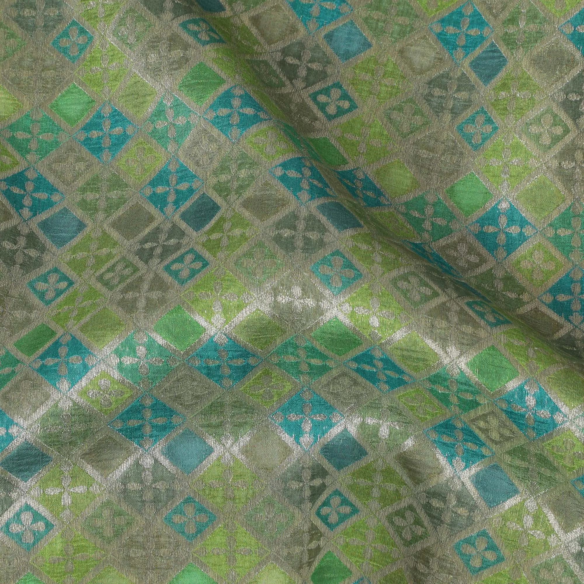 Silk Brocade Fabric with Green, Blue, and Gold Geometric Design, 110 cm Width, Indian Origin-D19757