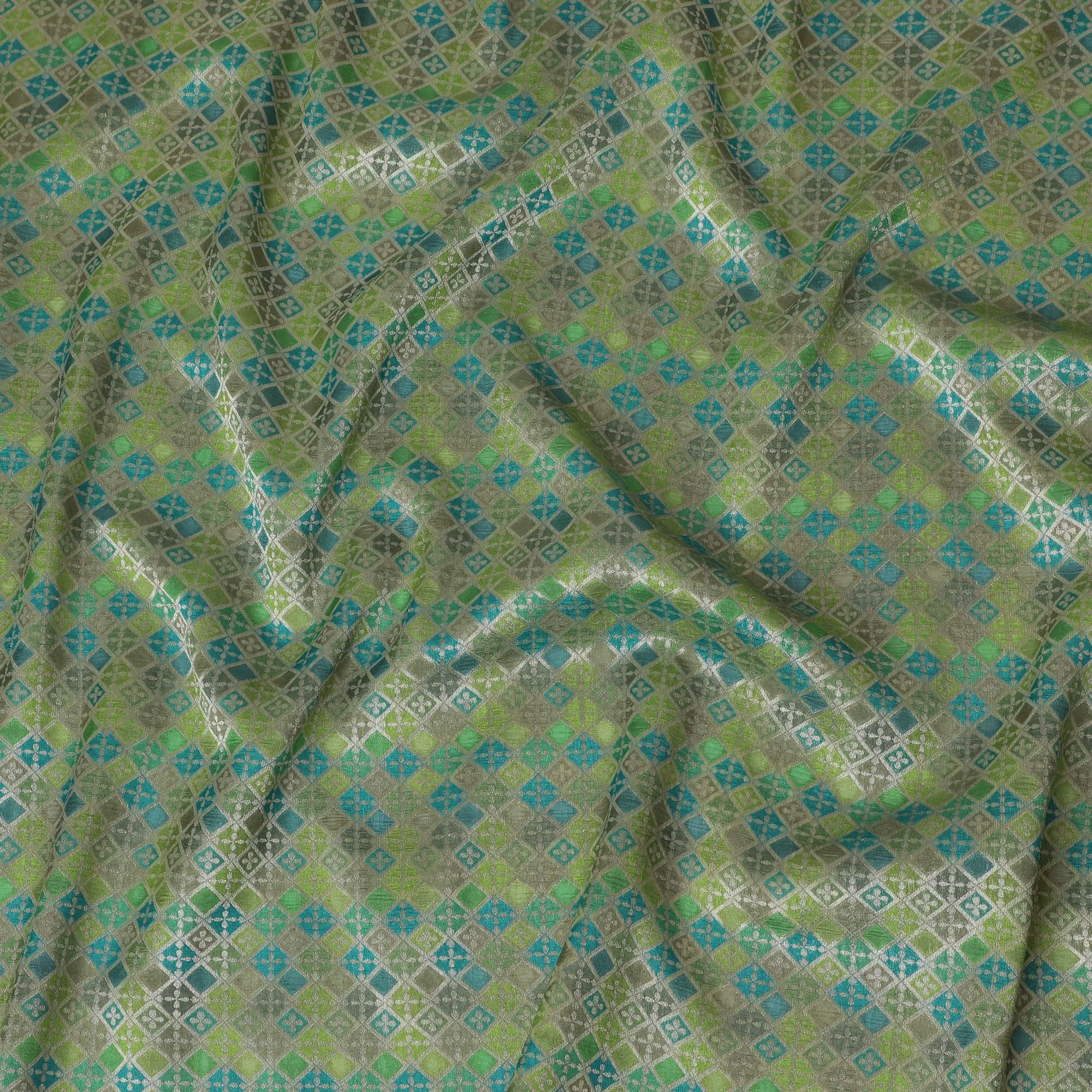 Silk Brocade Fabric with Green, Blue, and Gold Geometric Design, 110 cm Width, Indian Origin-D19757