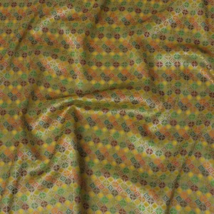 Silk Brocade Fabric with Yellow, Green, and Orange Geometric Design, 110 cm Width, Indian Origin-D19758