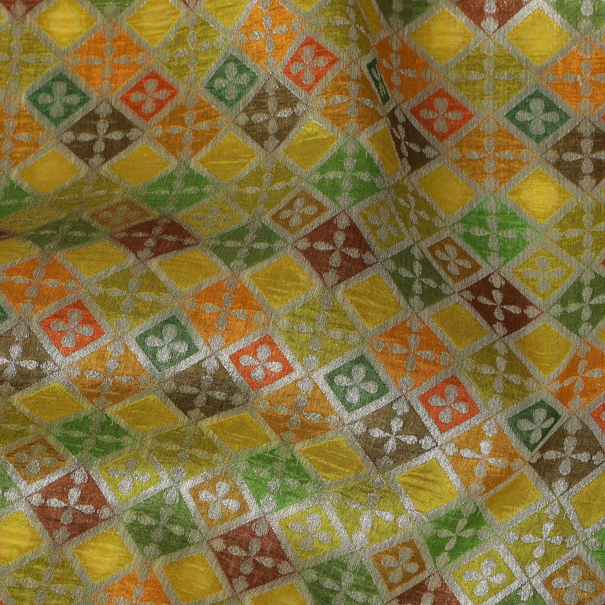 Silk Brocade Fabric with Yellow, Green, and Orange Geometric Design, 110 cm Width, Indian Origin-D19758