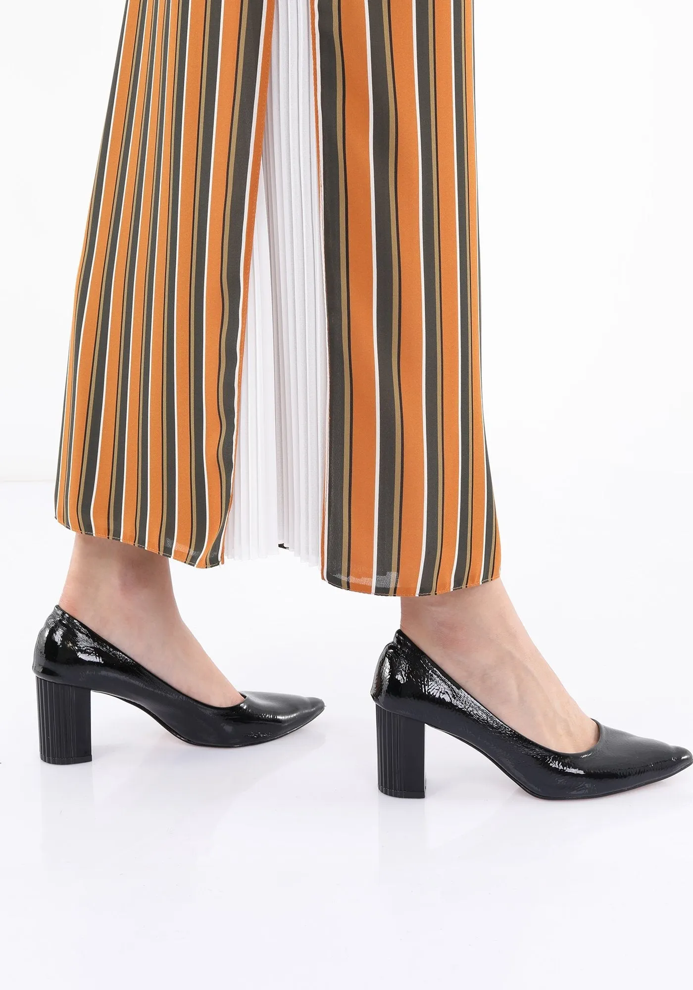 Striped Mustard Maxi Pencil Skirt with White Thin Plisse Slit