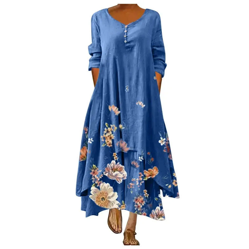 Summer Floral Print Long Sleeve Dresses Women O Neck Buttons Irregular Hem Maxi Dress Loose Plus Size Party Vestidos Long Dress