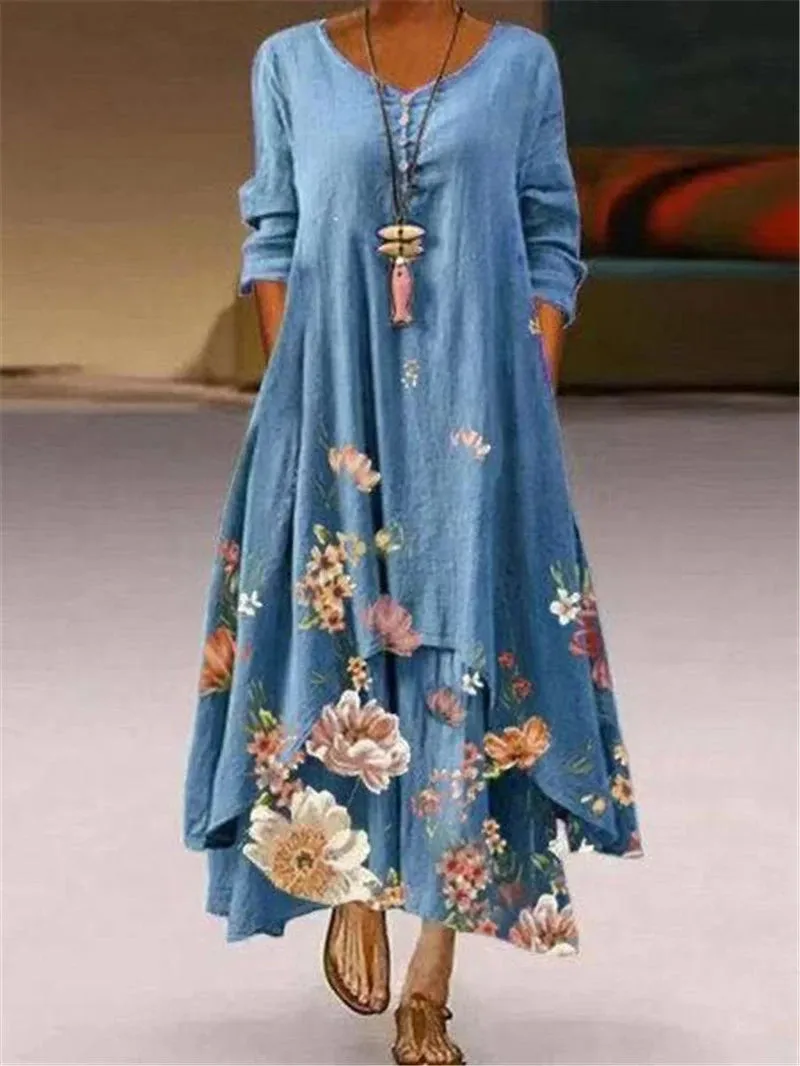 Summer Floral Print Long Sleeve Dresses Women O Neck Buttons Irregular Hem Maxi Dress Loose Plus Size Party Vestidos Long Dress