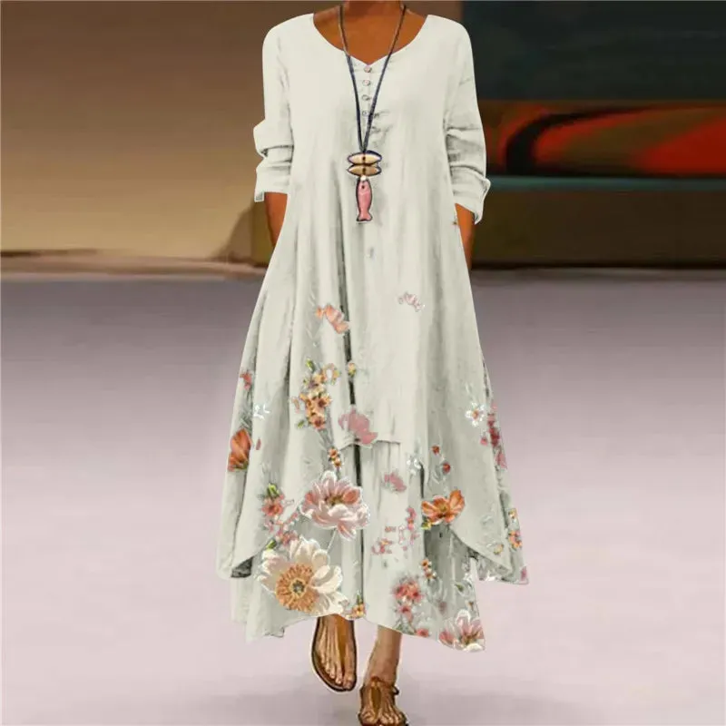 Summer Floral Print Long Sleeve Dresses Women O Neck Buttons Irregular Hem Maxi Dress Loose Plus Size Party Vestidos Long Dress