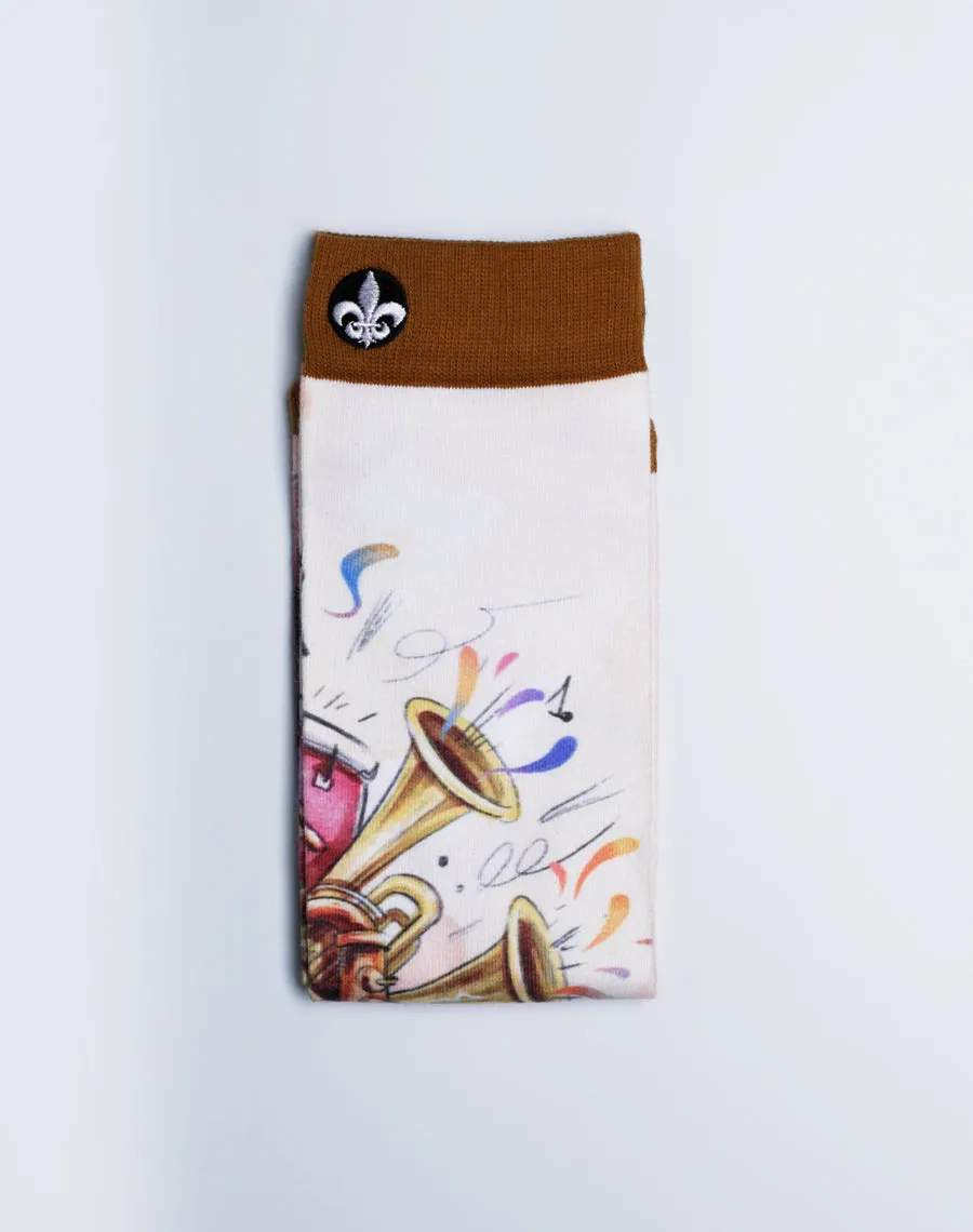 Unisex Back Beat Jazz Instrument White Printed Crew Socks