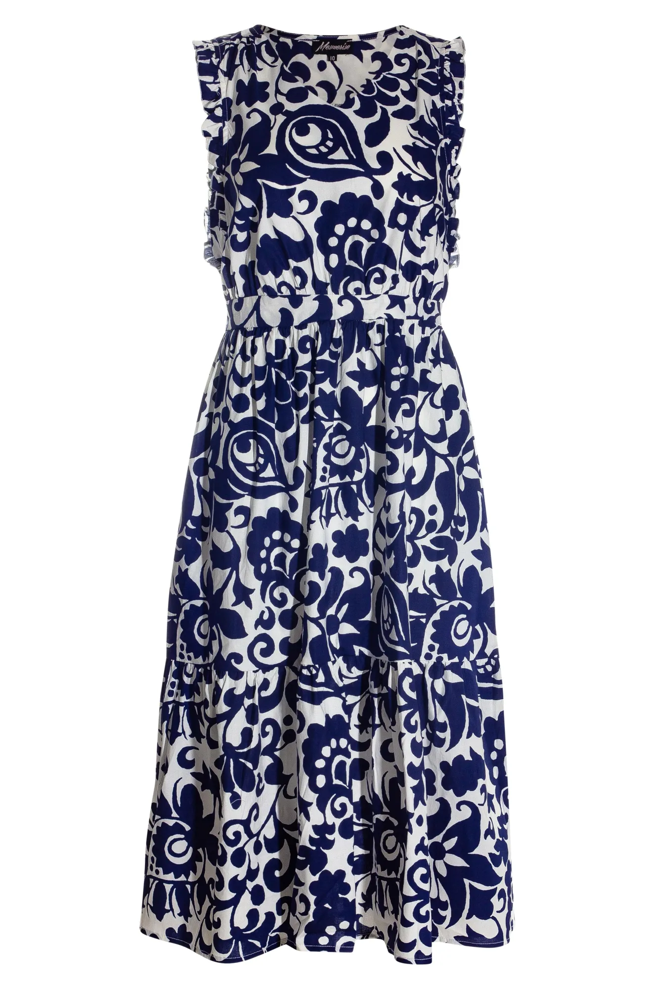 V neck printed Poplin Dress | Navy White Baroque | 5572AR