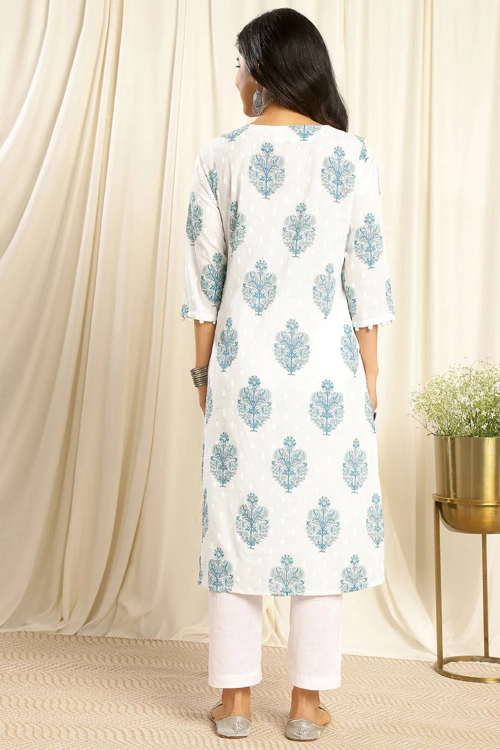 White & Blue Cotton Hand Block Floral Print Dobby Kurta