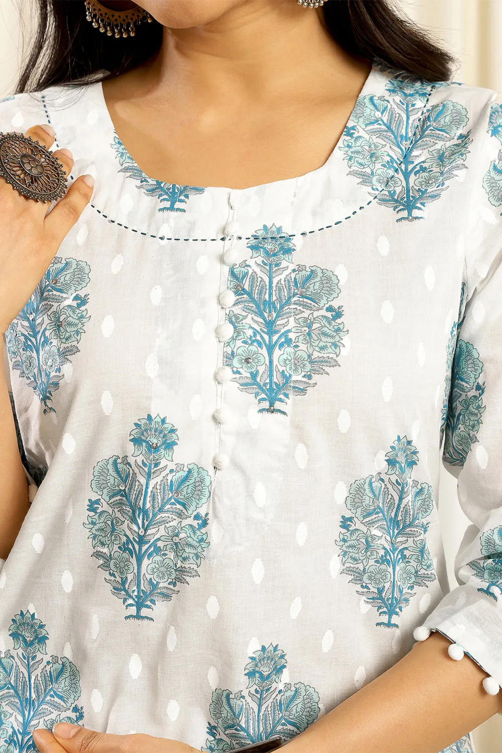 White & Blue Cotton Hand Block Floral Print Dobby Kurta