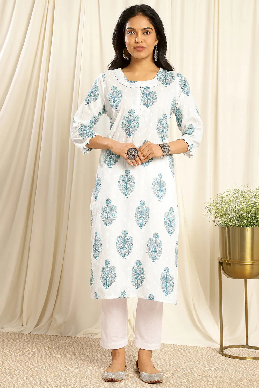 White & Blue Cotton Hand Block Floral Print Dobby Kurta