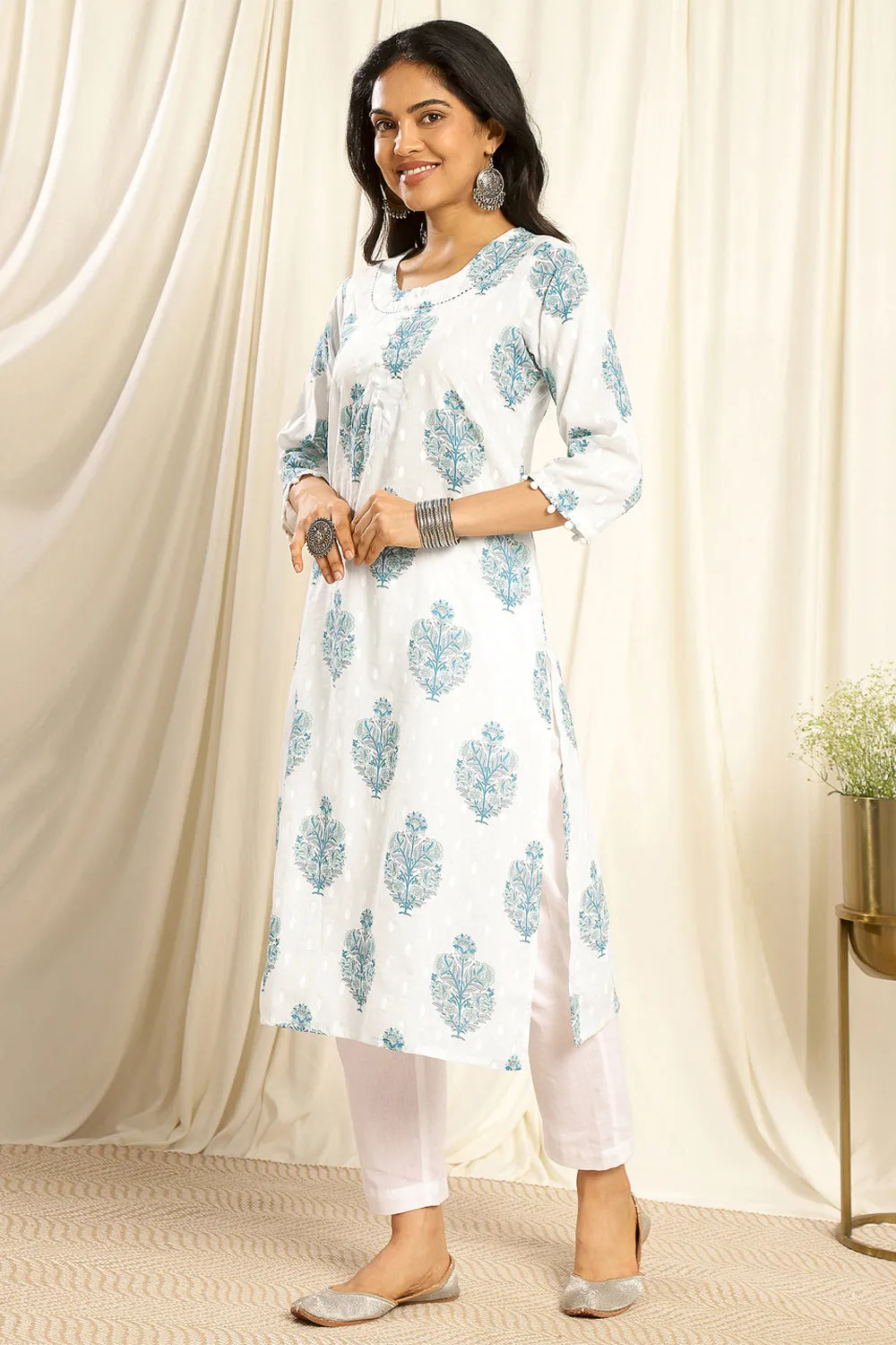 White & Blue Cotton Hand Block Floral Print Dobby Kurta