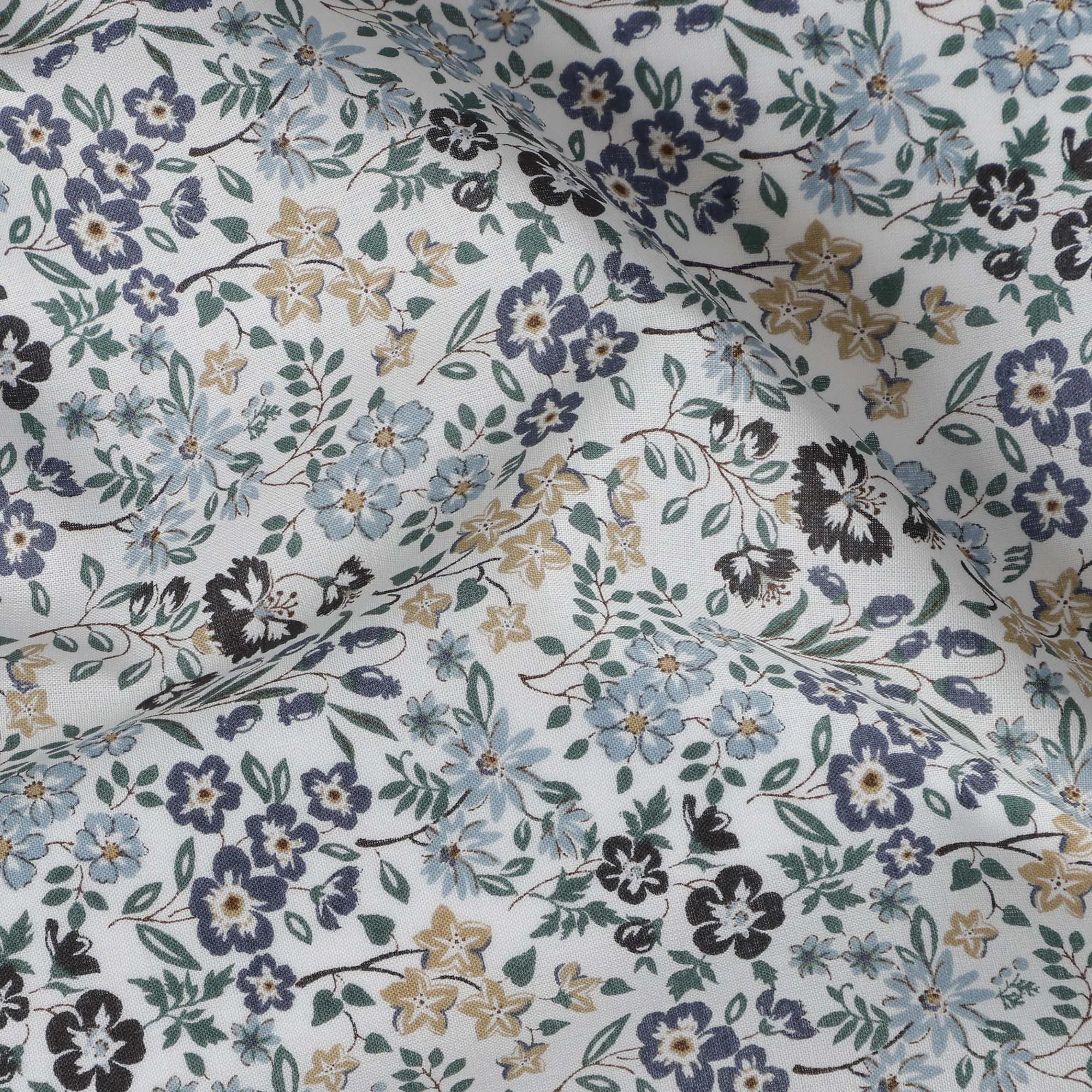 White and Blue Floral Cotton Lawn Digital Print Fabric - 110 cm Width-D21237