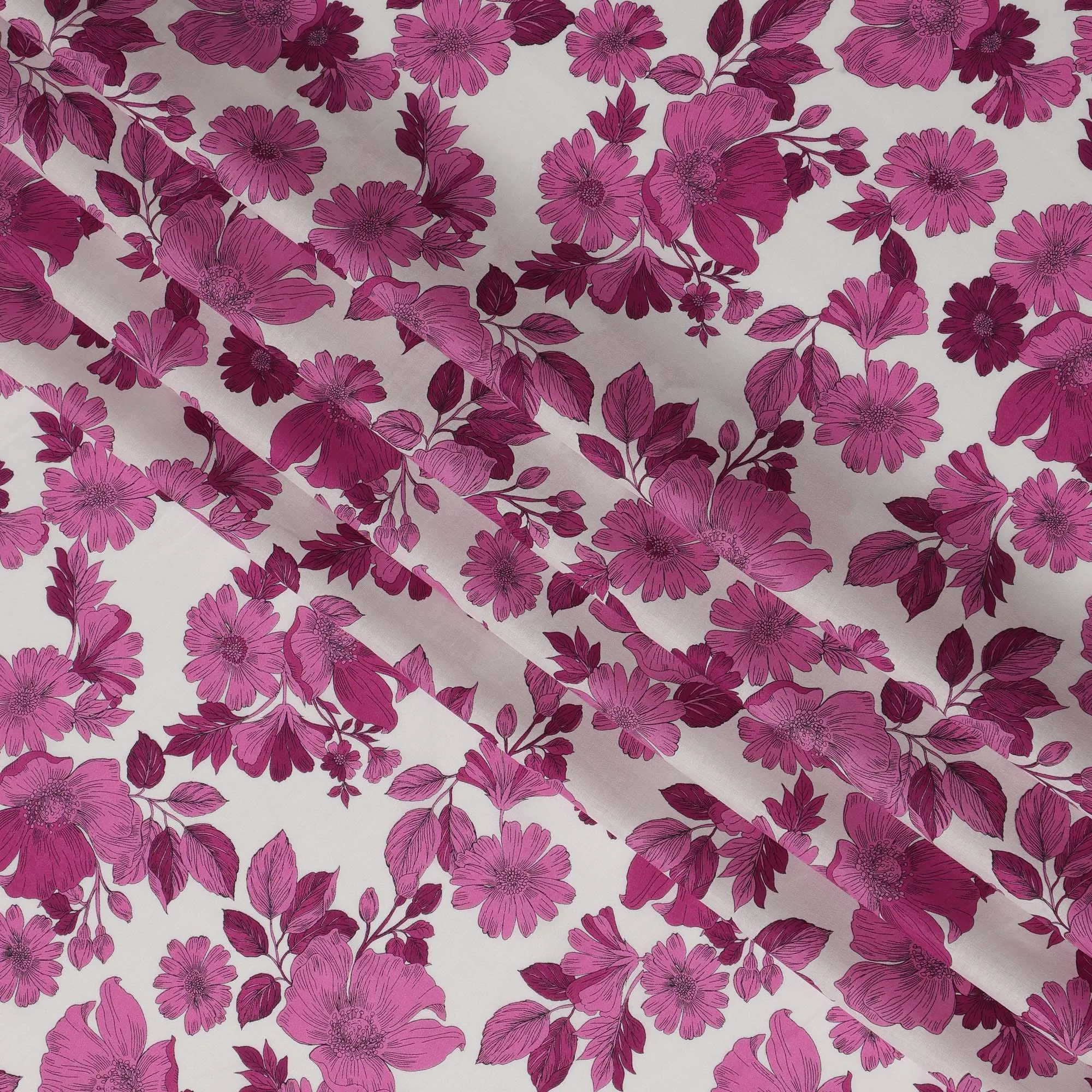 White and Pink Floral Cotton Lawn Digital Print Fabric - 110 cm Width-D21218