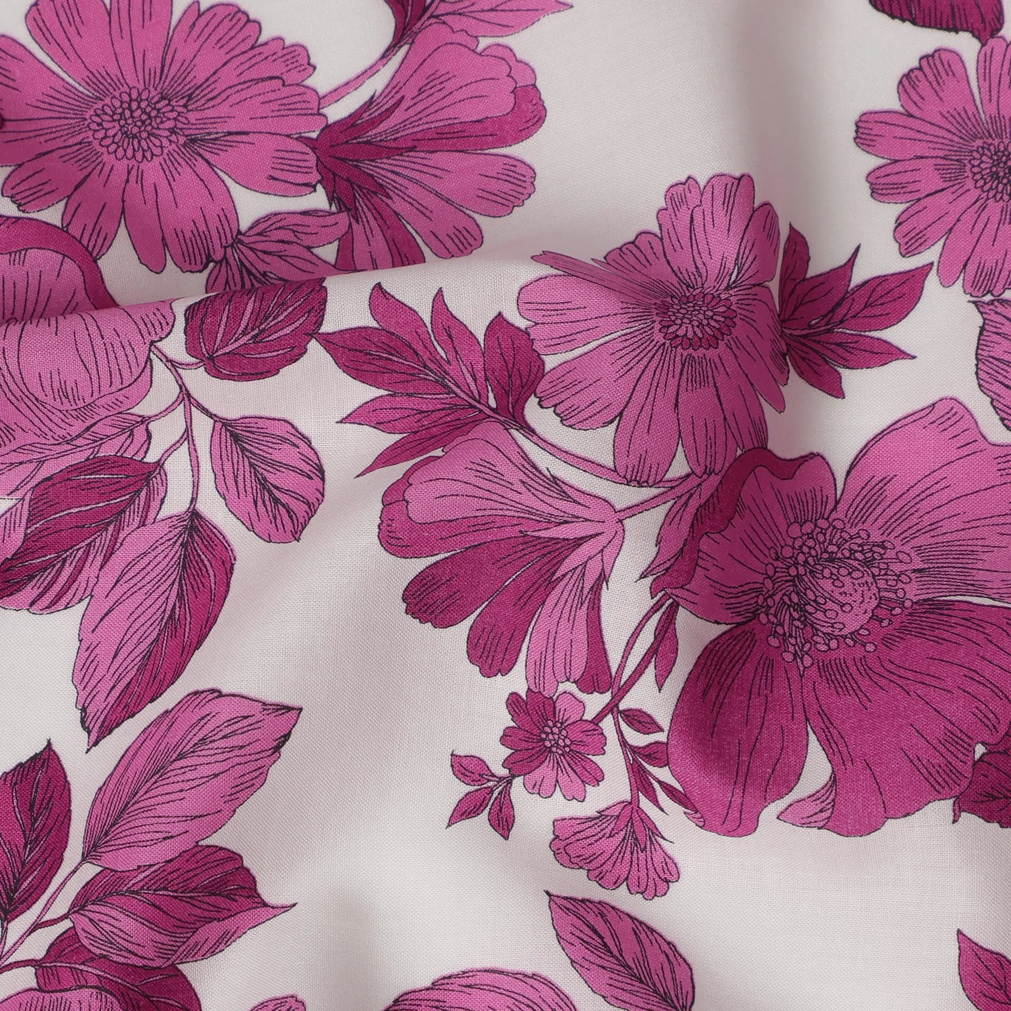 White and Pink Floral Cotton Lawn Digital Print Fabric - 110 cm Width-D21218