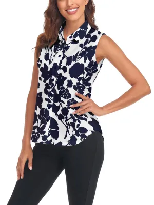 Women Blue Flower Sleeveless Floral Button Placket Polo Shirts