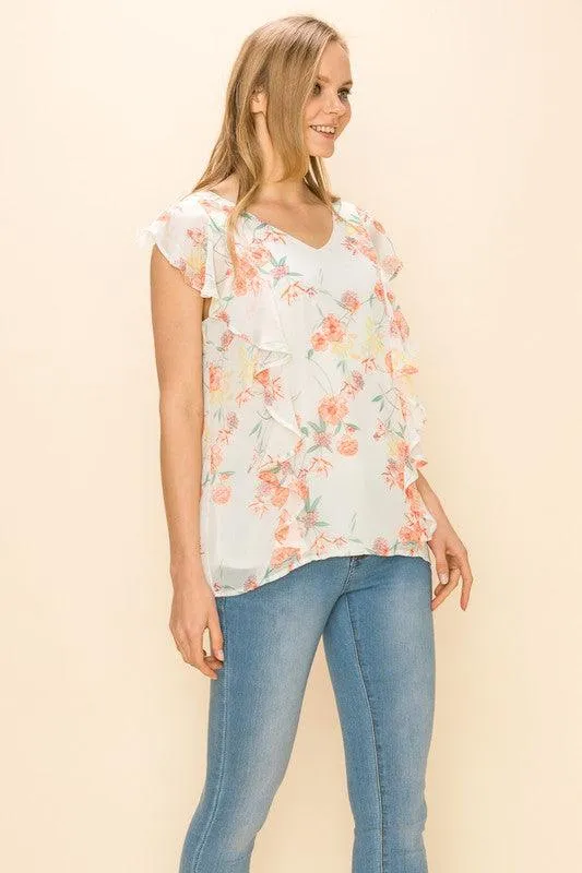 Women Floral Print Ruffle Blouse