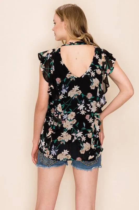 Women Floral Print Ruffle Blouse