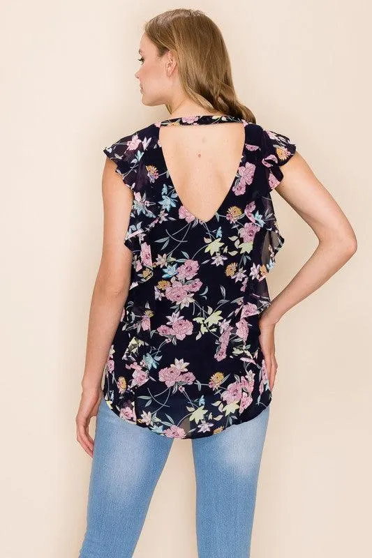 Women Floral Print Ruffle Blouse