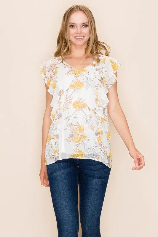 Women Floral Print Ruffle Blouse