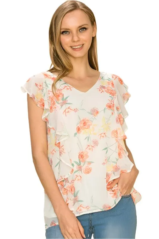 Women Floral Print Ruffle Blouse