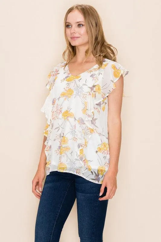 Women Floral Print Ruffle Blouse