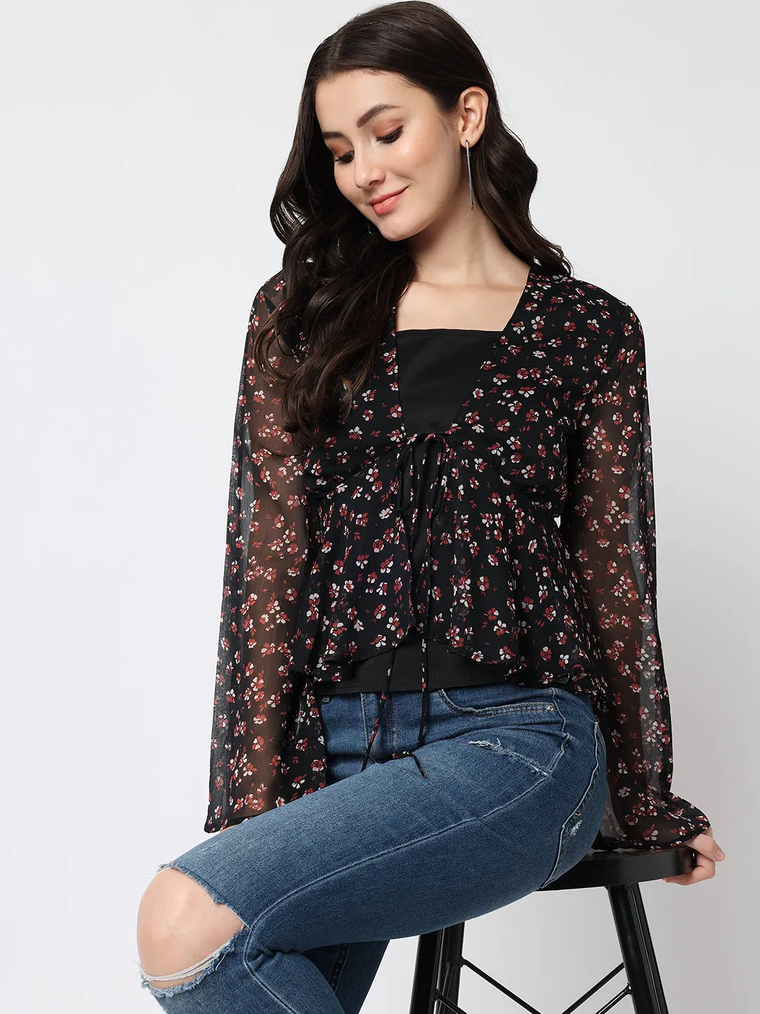 Women Floral Printed Black Top