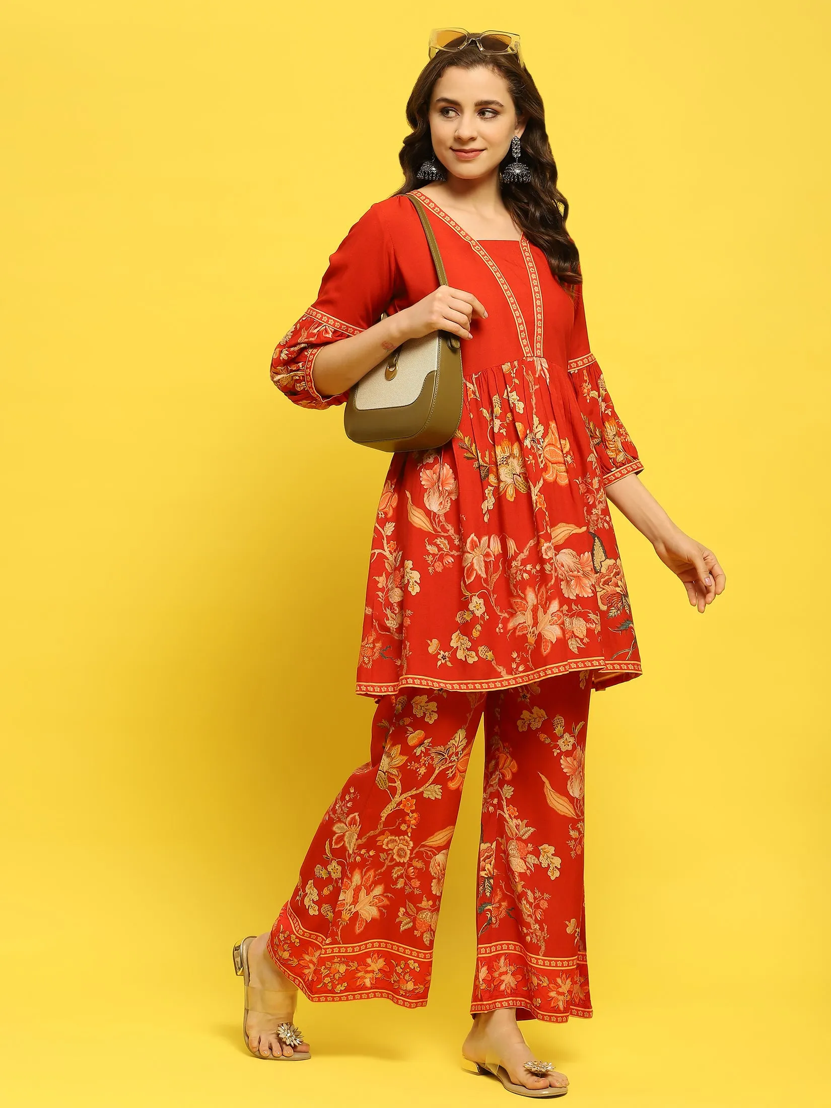 Women Liva Rayon Red Floral Print Co-Ord Set