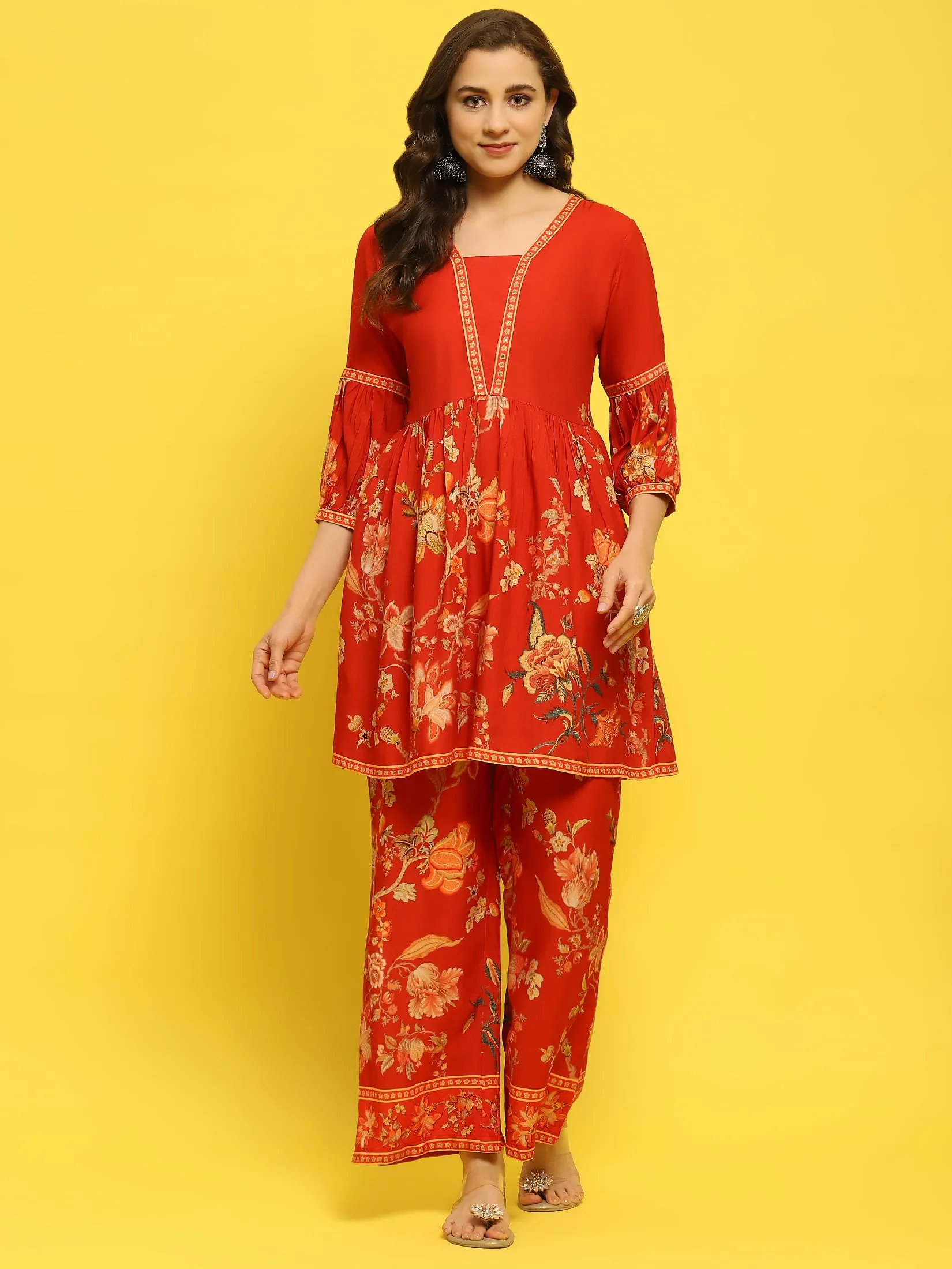 Women Liva Rayon Red Floral Print Co-Ord Set