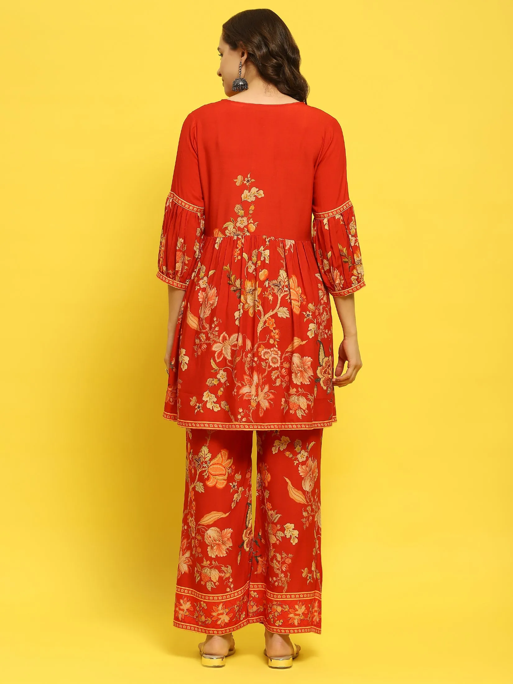 Women Liva Rayon Red Floral Print Co-Ord Set