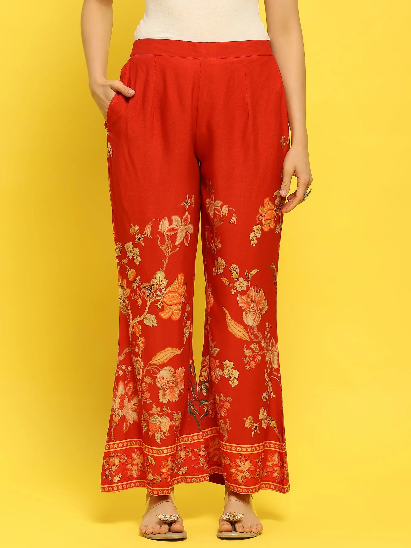 Women Liva Rayon Red Floral Print Co-Ord Set