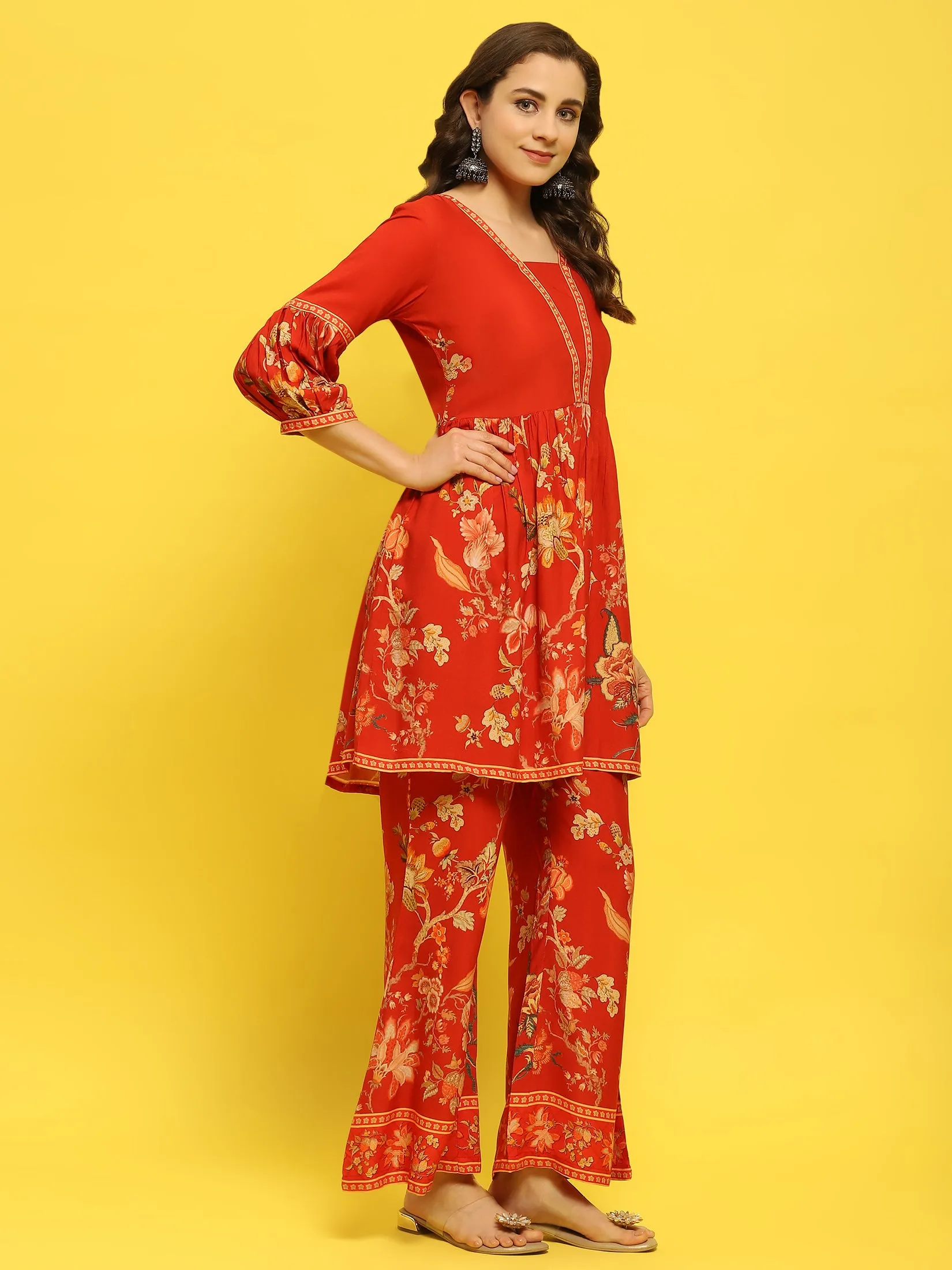 Women Liva Rayon Red Floral Print Co-Ord Set