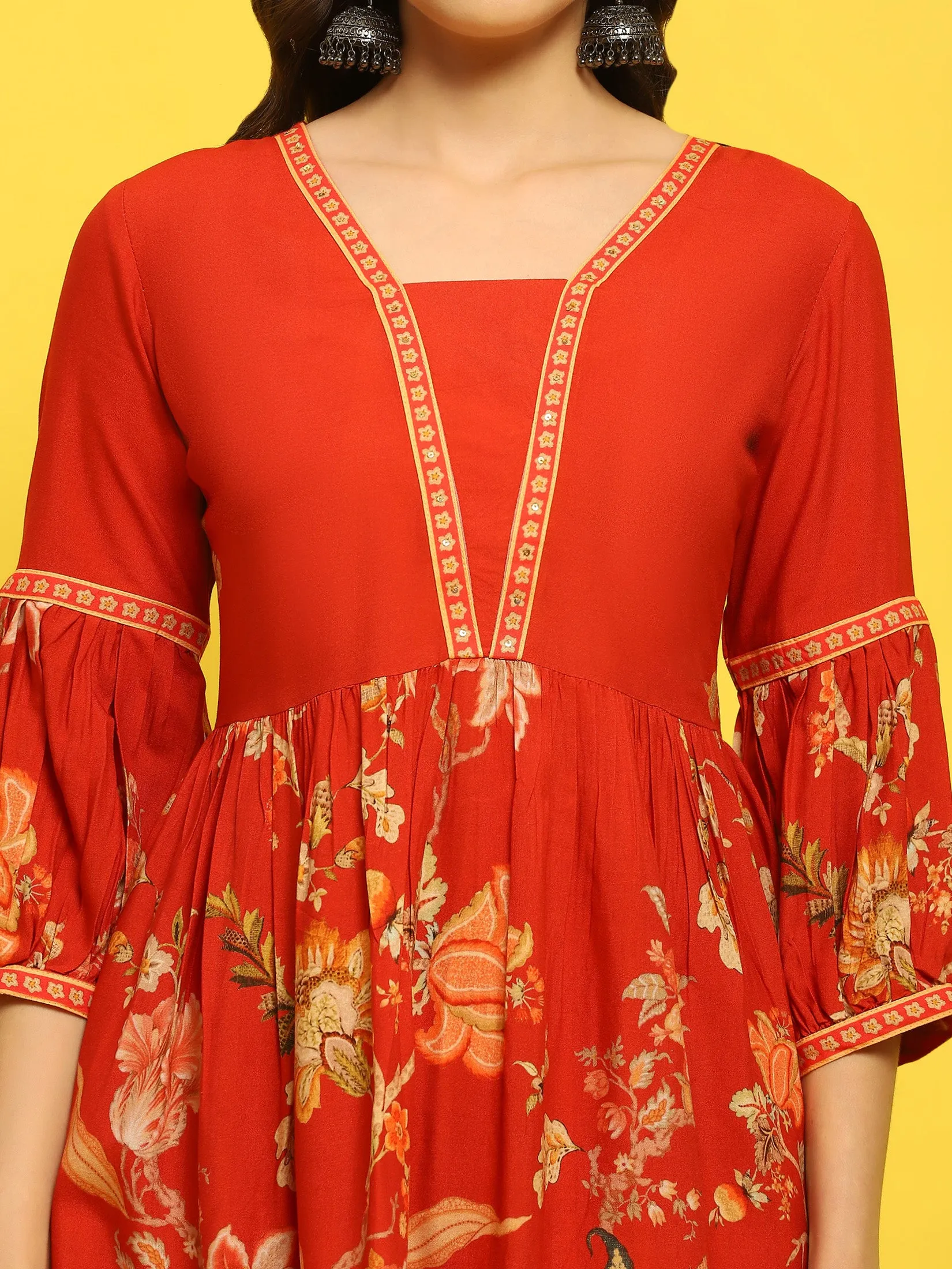 Women Liva Rayon Red Floral Print Co-Ord Set