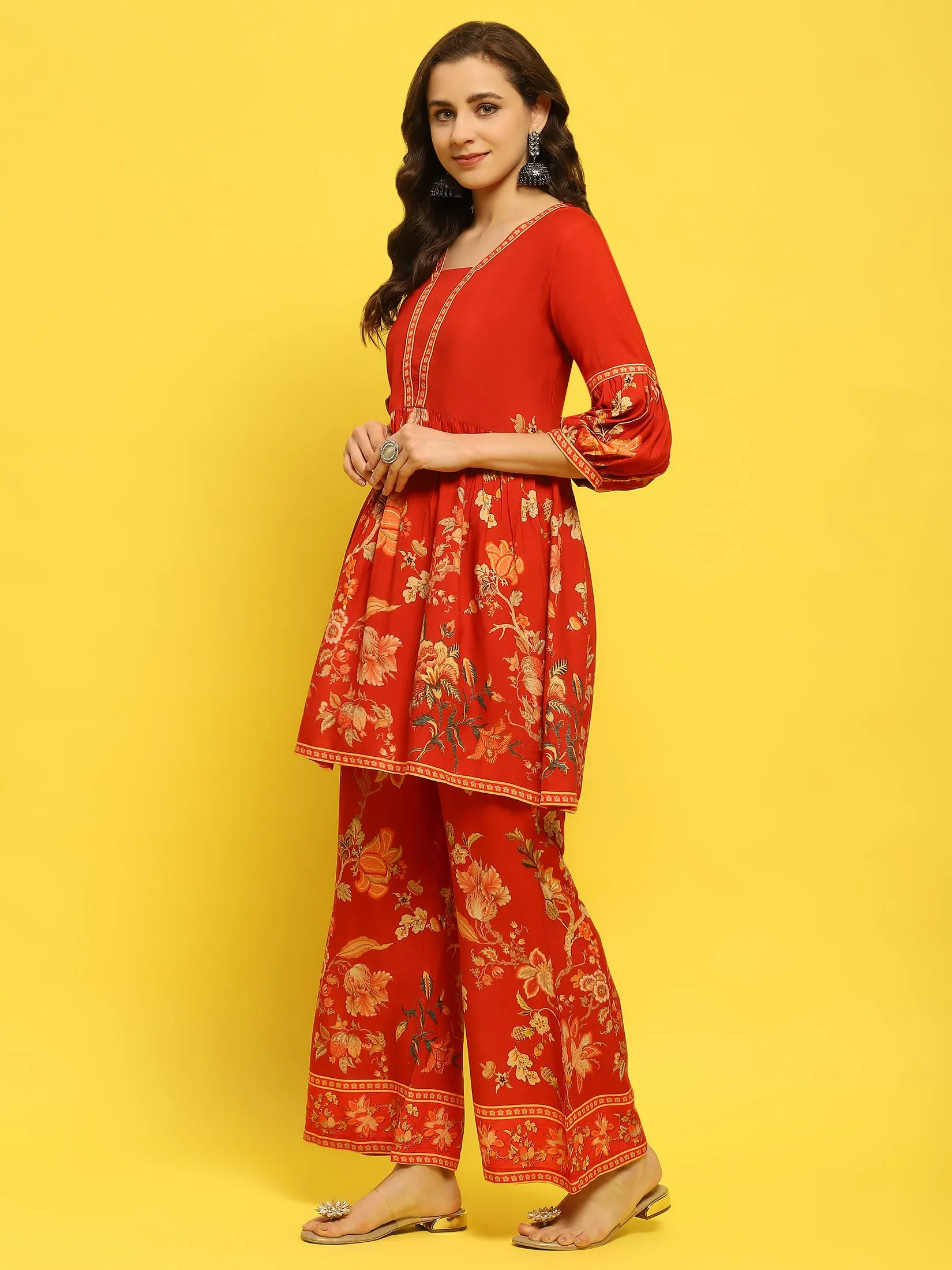 Women Liva Rayon Red Floral Print Co-Ord Set