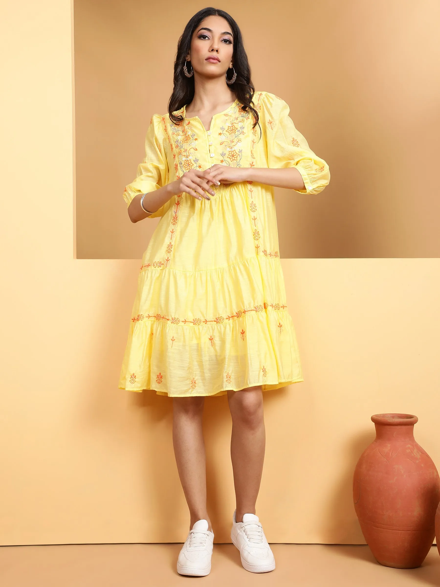 Women Mustard Round Neck Solid Dress